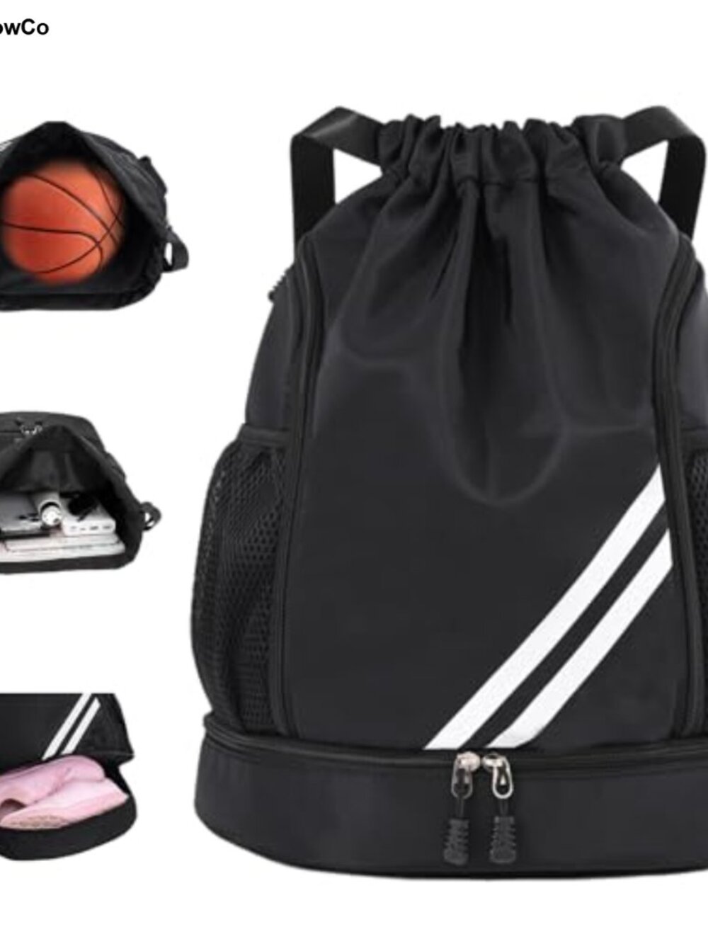 Drawstring Soccer Backpack Gym Bag Nylon Water Resistant Shoe Compartment